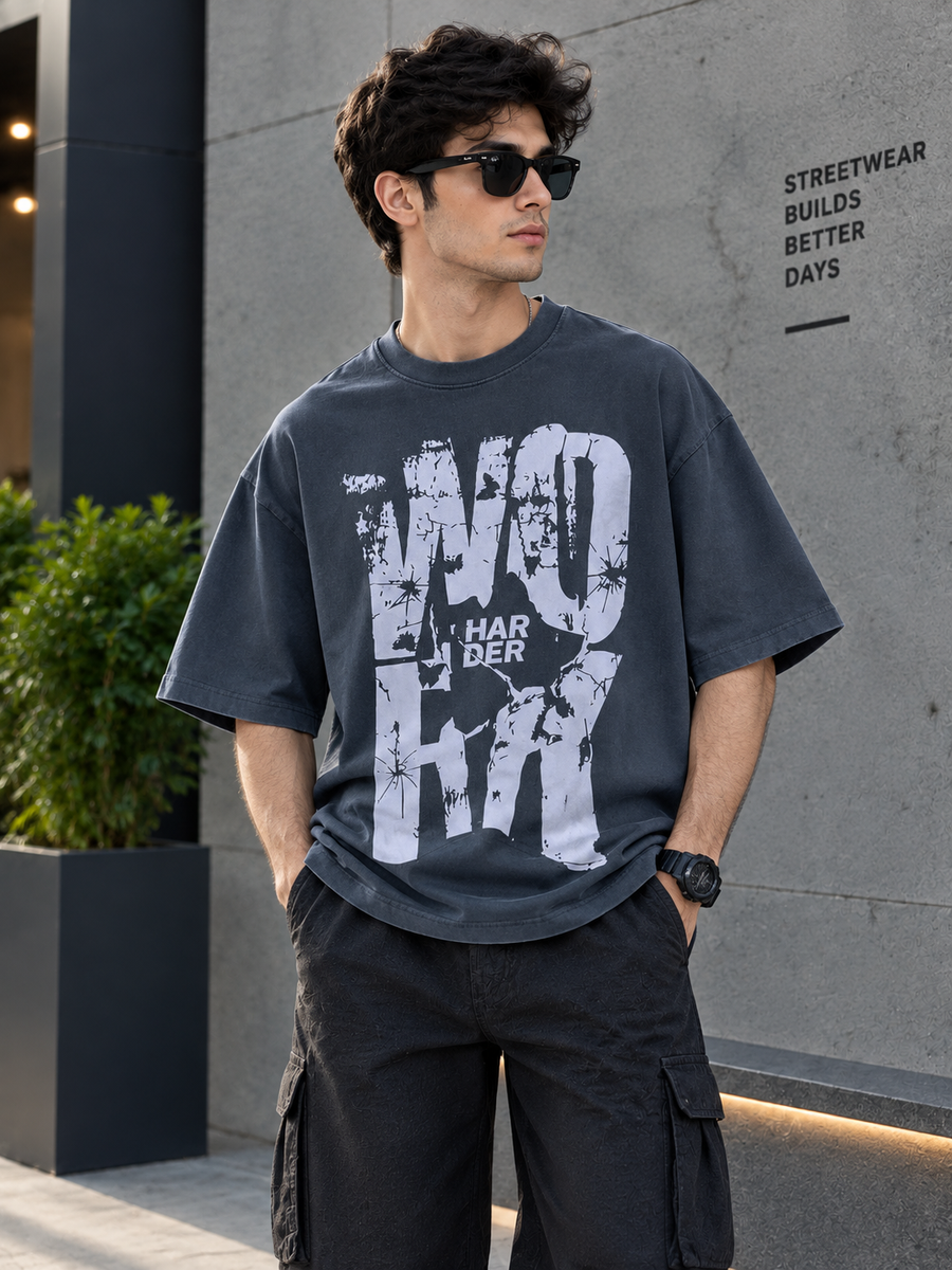 Work Hard Printed Drop Shoulder T-Shirt