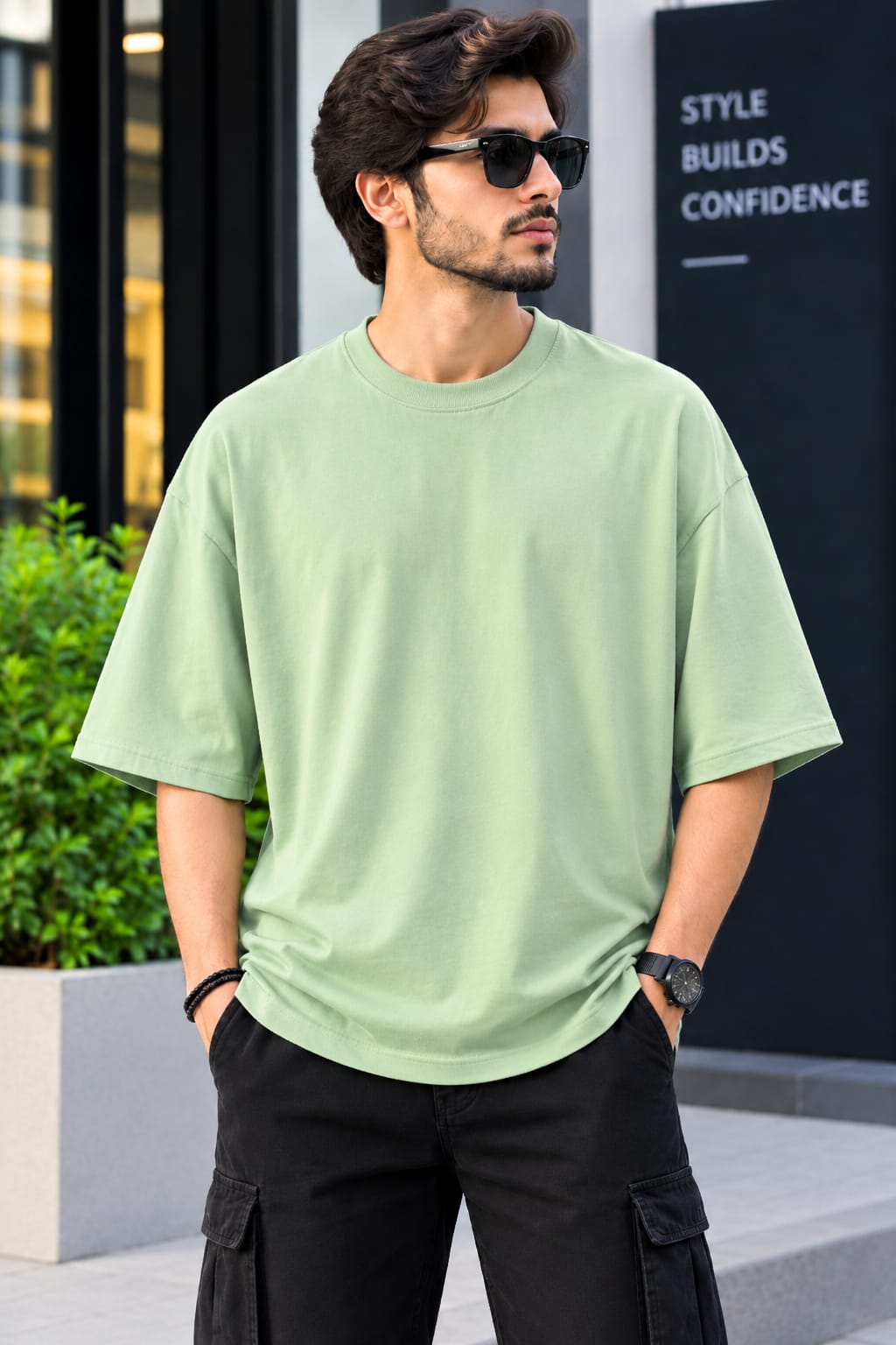 A man wearing an oversized light sage green t-shirt and black cargo pants, standing outdoors in front of a modern building with a black wall that reads 'STYLE BUILDS CONFIDENCE'.