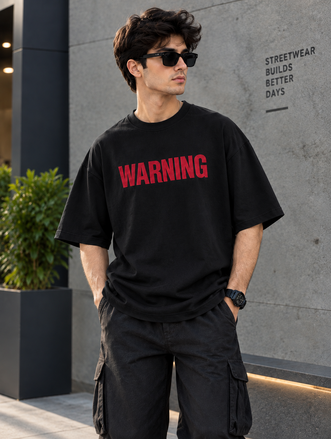 A man wearing a black oversized t-shirt with the word 'WARNING' printed in red across the chest, paired with black cargo pants and sunglasses, standing outdoors against a gray concrete wall.
