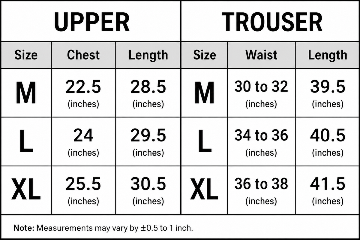 A size chart table comparing upper and trouser measurements by size M, L, and XL, with columns for chest, length, waist, and length in inches, plus a note that measurements may vary by ±0.5 to 1 inch.