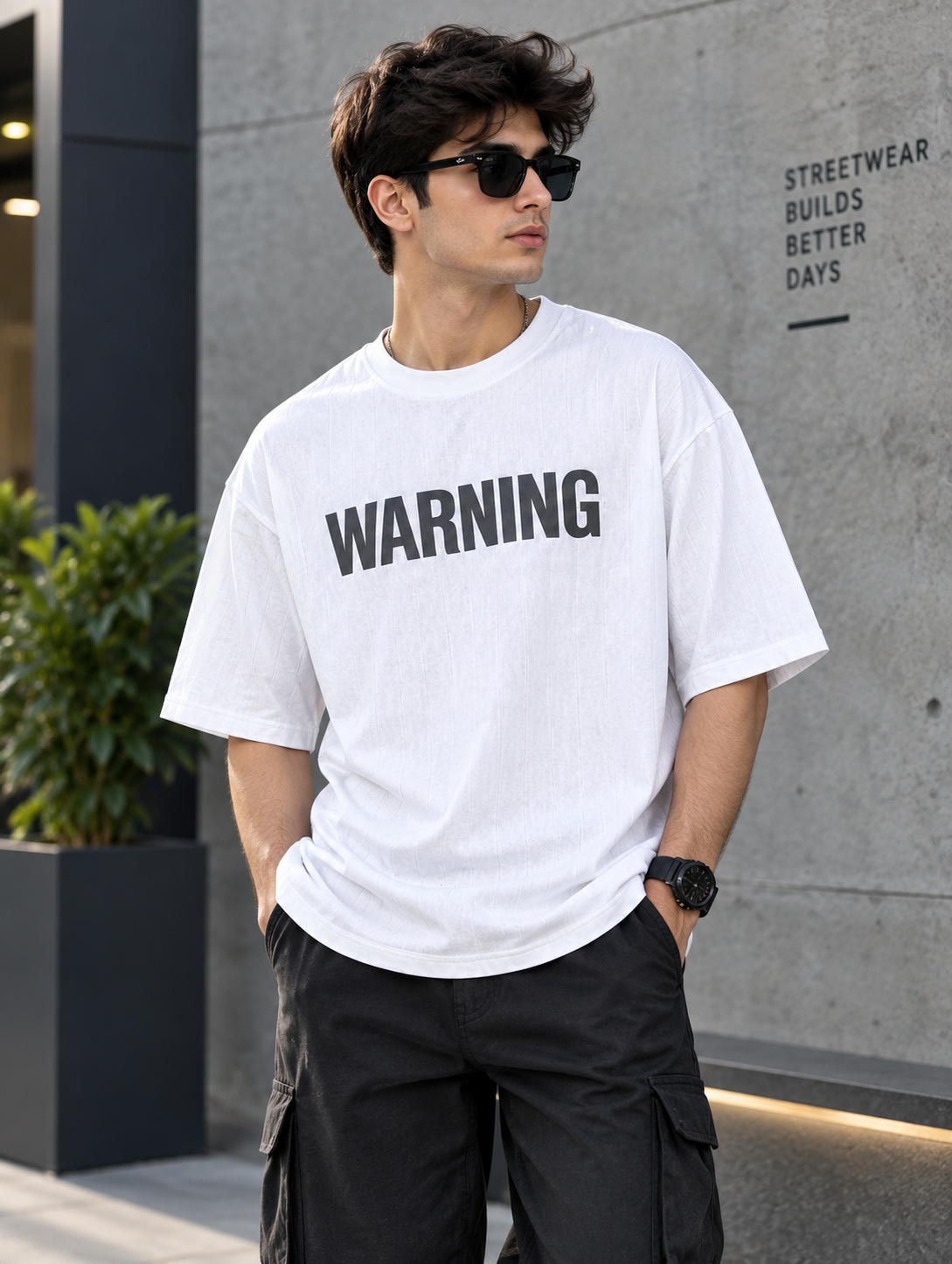 A man wearing a white oversized t-shirt with the word 'WARNING' printed in bold black letters across the chest, paired with black cargo pants and black sunglasses, standing outdoors against a gray concrete wall.