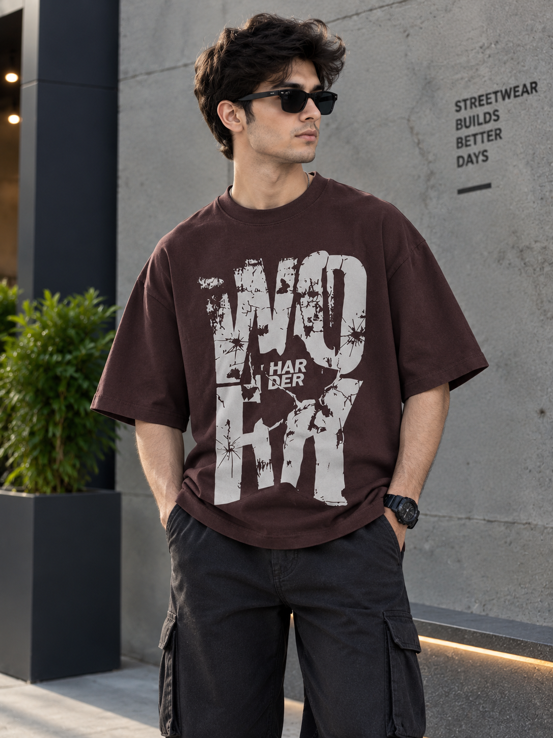A man wearing a dark brown oversized graphic t-shirt with a distressed white print that reads 'WORK HARDER', paired with black cargo pants and sunglasses, standing in front of a modern concrete wall.