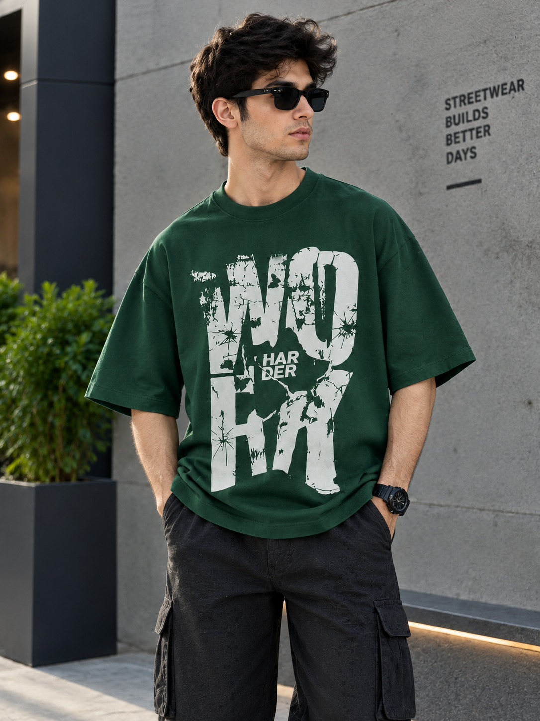 A man wearing a dark green oversized t-shirt with a distressed white graphic print that reads 'WORK HARDER', paired with black cargo pants and sunglasses, standing outdoors against a gray concrete wall.