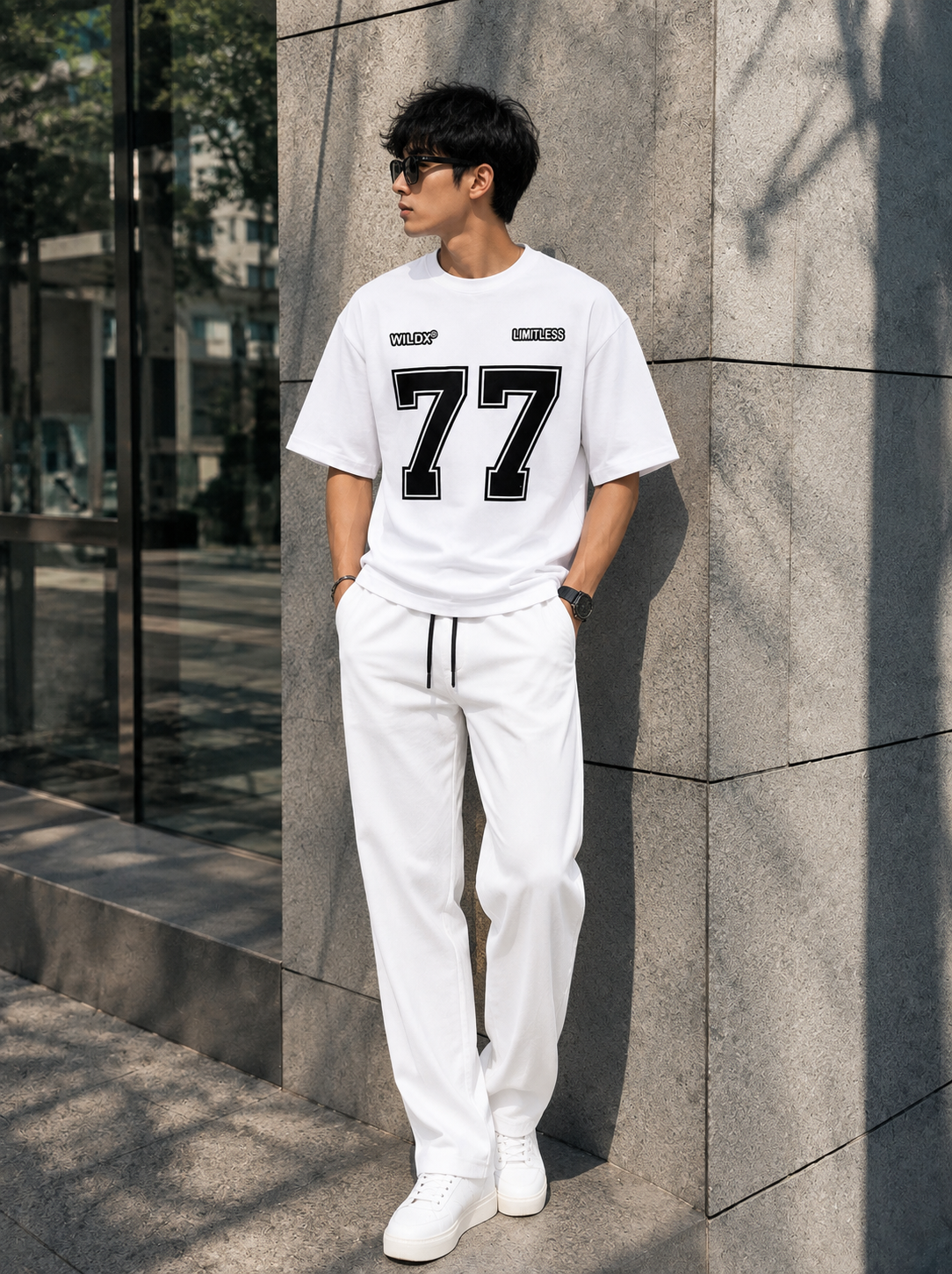 A man wearing a white crewneck t-shirt with a large black '77' graphic and white sweatpants, standing outdoors against a gray stone wall.
