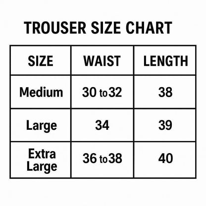 Trouser size chart with waist and length measurements