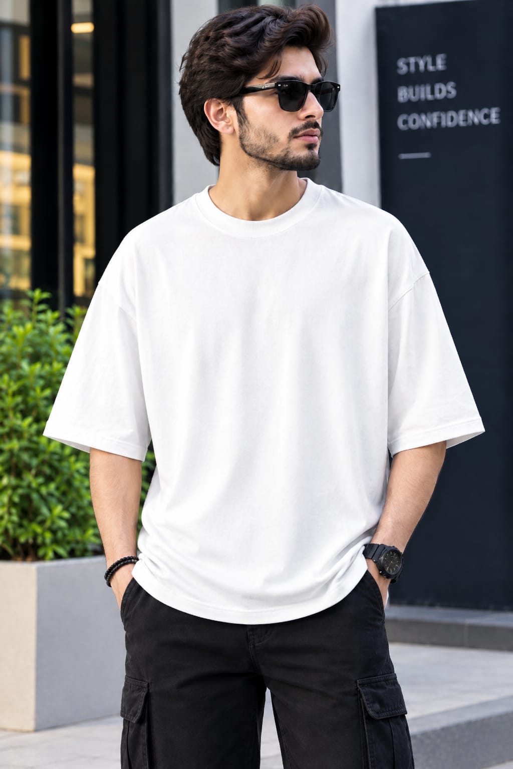 A man wearing an oversized white crewneck t-shirt and black cargo pants, standing outdoors in front of a modern building with a black sign that reads 'STYLE BUILDS CONFIDENCE'.