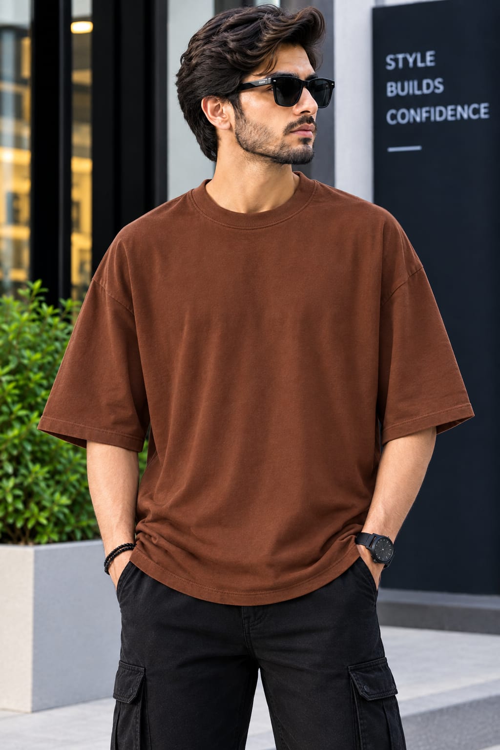 A man wearing an oversized brown short-sleeve t-shirt, black cargo pants, and black sunglasses, standing outdoors in front of a modern building with a dark sign that reads 'STYLE BUILDS CONFIDENCE'.