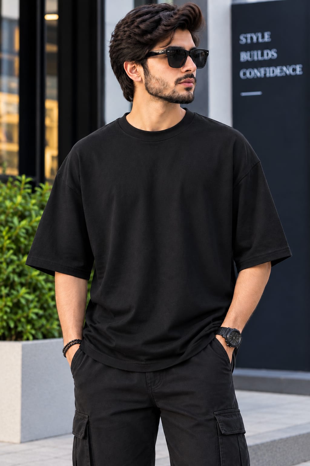 A man wearing an oversized black crewneck t-shirt and black cargo pants, standing outdoors in front of a modern building with a dark sign that reads 'STYLE BUILDS CONFIDENCE'.